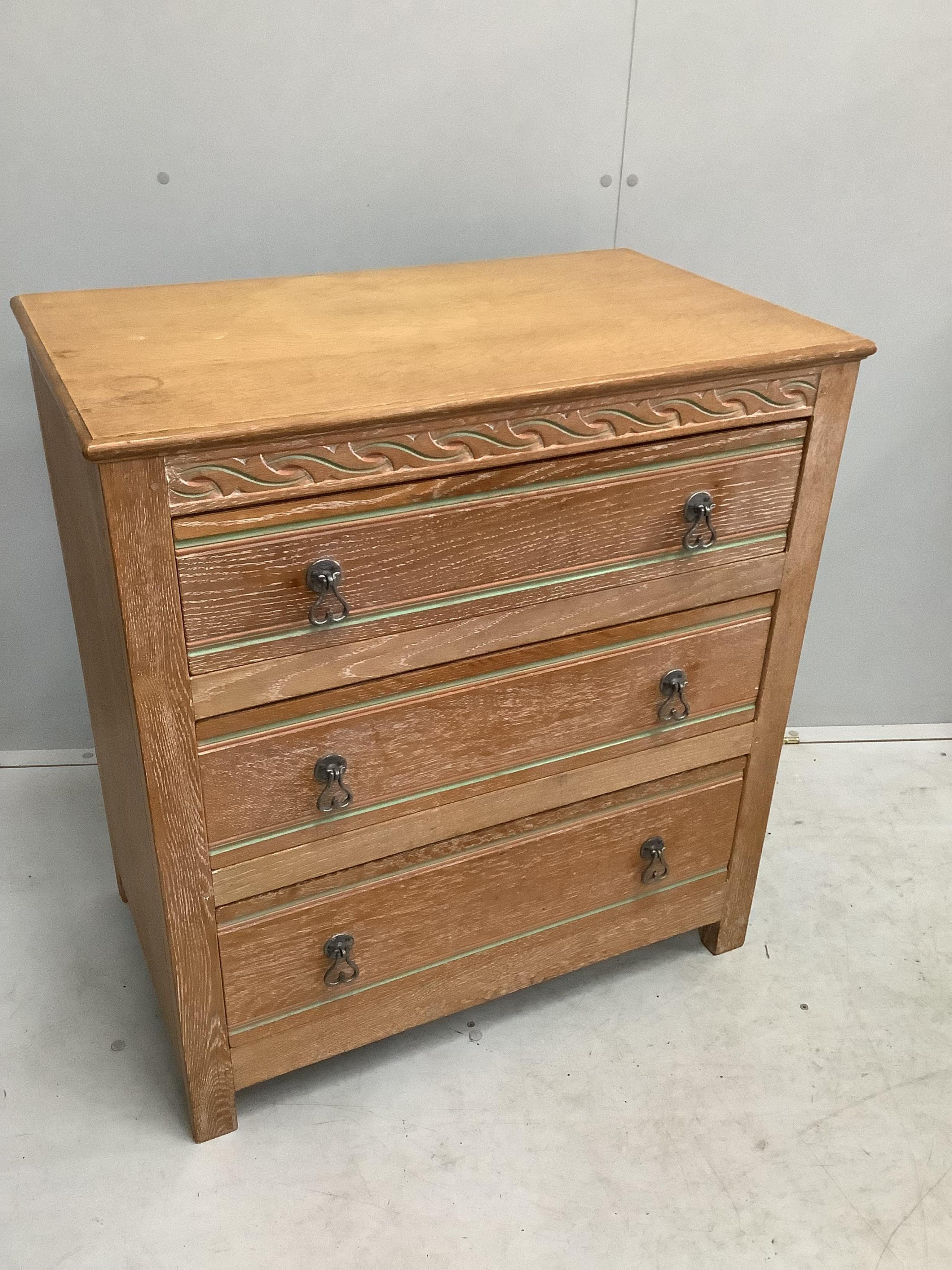 A painted limed oak eight piece bedroom suite, comprising a pair of three drawer chests, pair of bedside cabinets, dressing table stool, wardrobe and headboard. Condition - fair